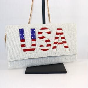 Beaded USA Flag Clutch / Shoulder Bag with Chain Strap – Patriotic